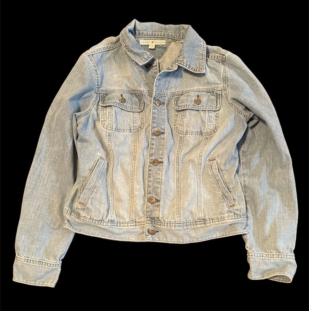 Tommy Hilfiger Denim Crop Jacket Womens Size L Large Blue Light Wash Cotton
