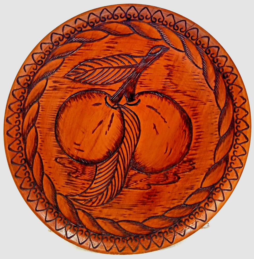 Vtg Fruit Etched Carved Wood Sign Plate Round Sealed Brown Black Rope Decor 8