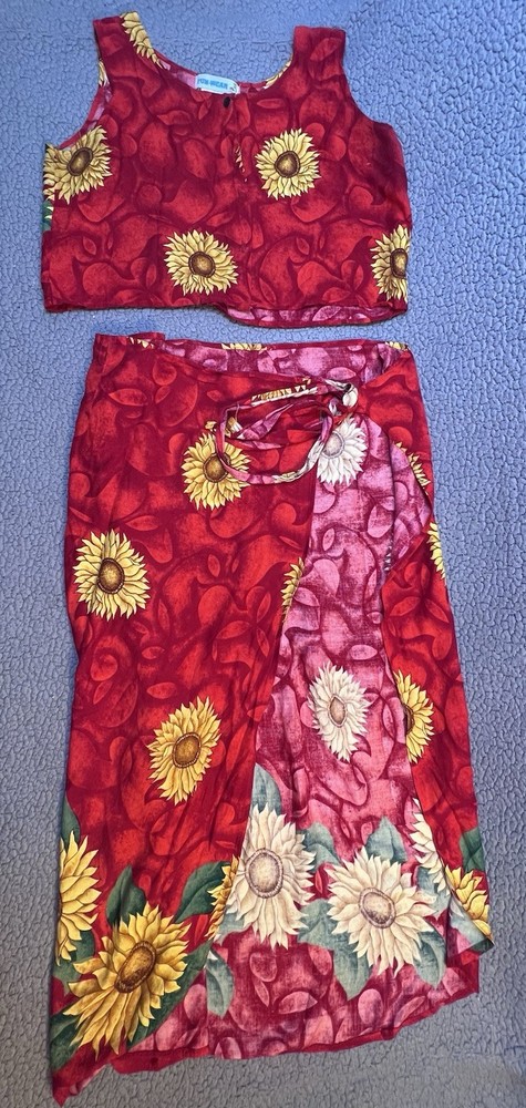 Vintage 1990s 2 Piece Skirt Set Womens Size Large Red And Yellow Sunflower