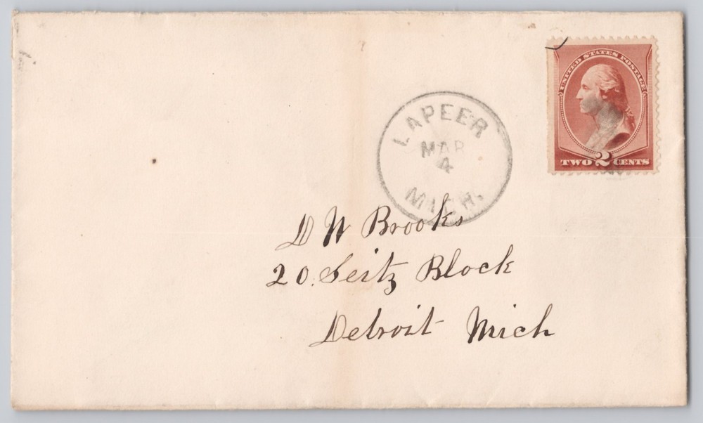 Lapeer, Michigan 2c Washington stamp envelope with Mar 4 cancel Detroit