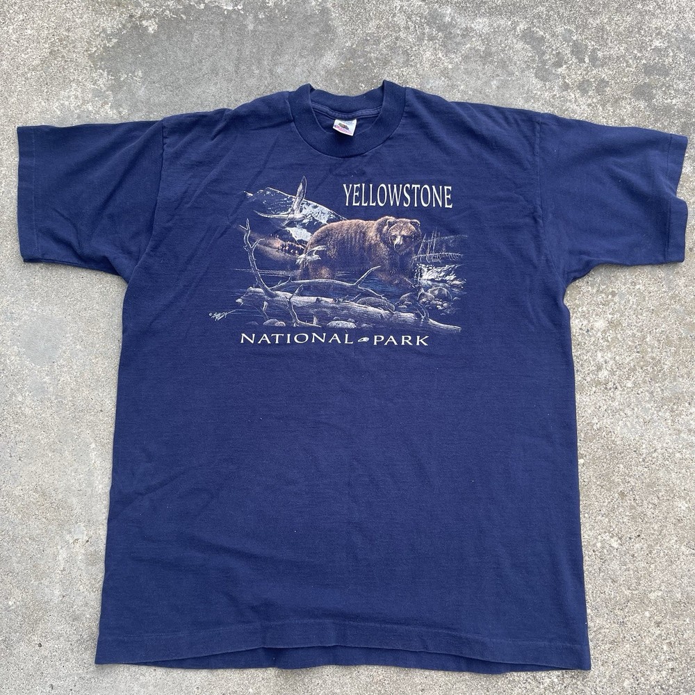 Vintage Yellowstone National Park Shirt Mens XL Blue Bear Nature Eagle 90s