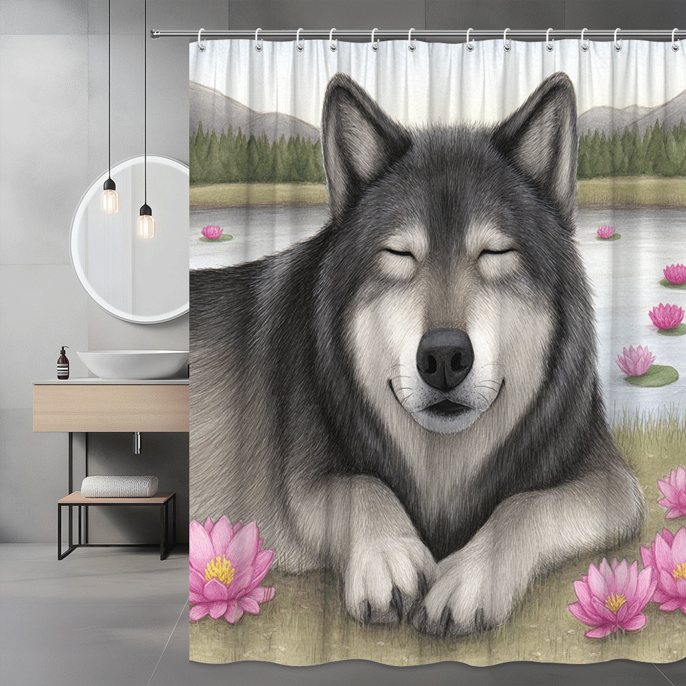 Wolf and Lotus Shower Curtain, Nature Animal Print Bathroom Decor