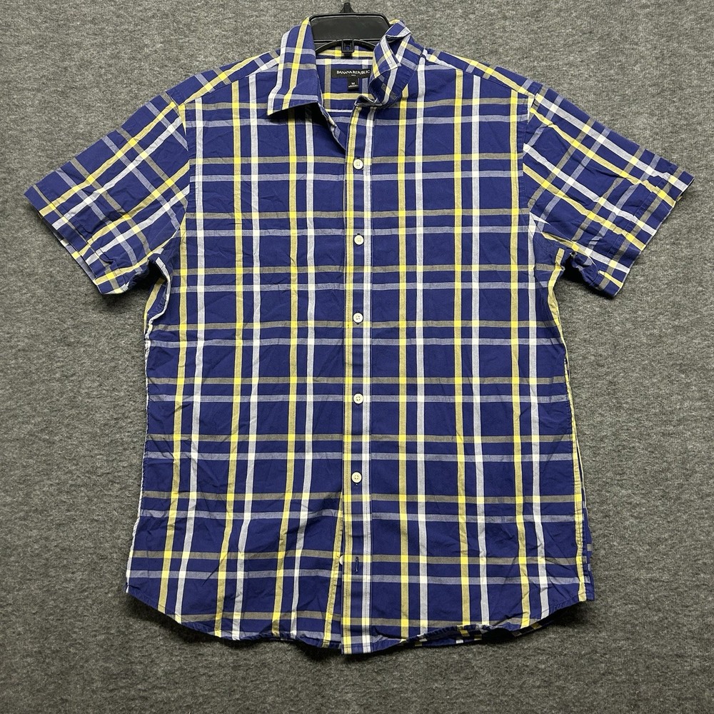 Banana Republic Men Medium Blue Plaid Short Sleeve Button Up Shirt
