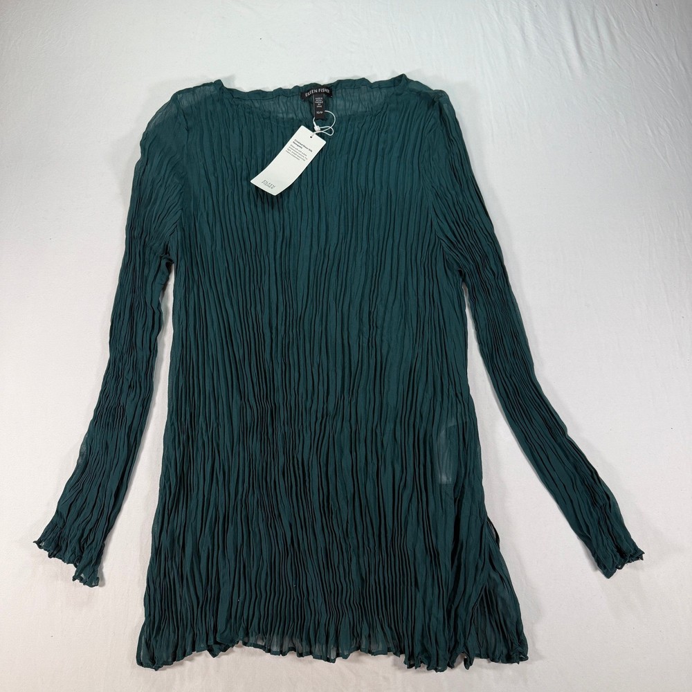 Eileen Fisher Crinkled Sheer Silk Georgette Tunic Women's XS Green Long Sleeve