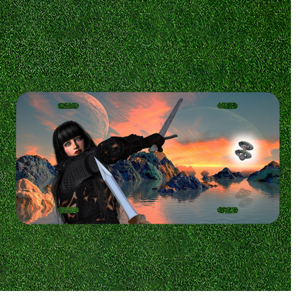 Custom Personalized Auto Tag With Women With Sword With Aliens Design