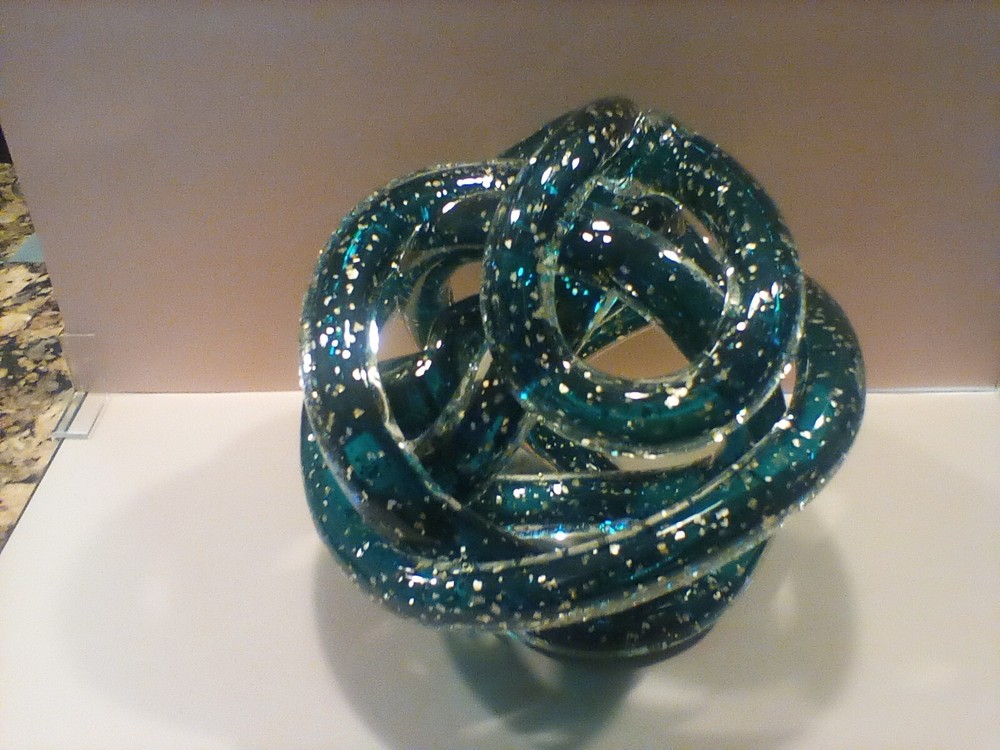 Abstract Art Glass Knot Twisted Figurine Green Teal Sparkle Gold Inclusions New-image