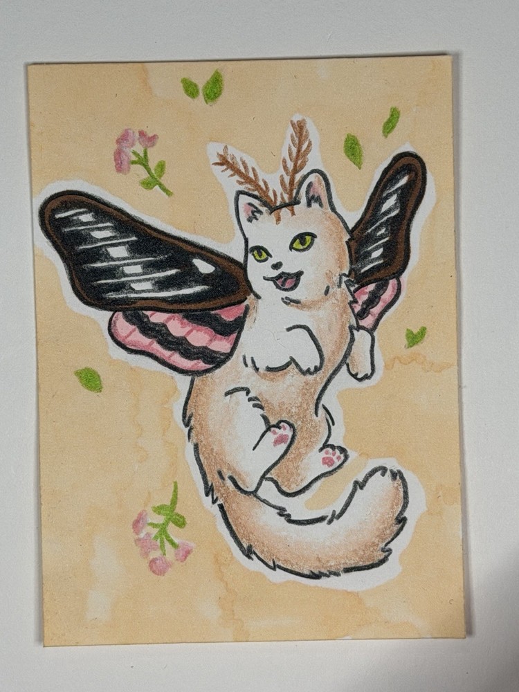 ACEO Original Cat Sphinx Moth Bug Insect Whimsical Cozy Fantasy Art Drawing