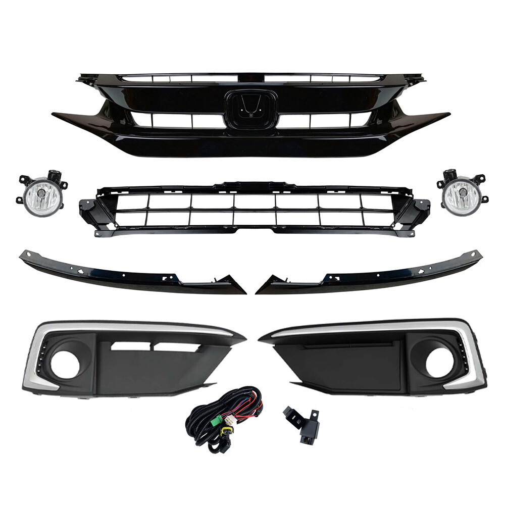 For 2019-2021 Honda Civic Sedan Front Upper Lower Grille+Fog Lights Kit Set 8pcs