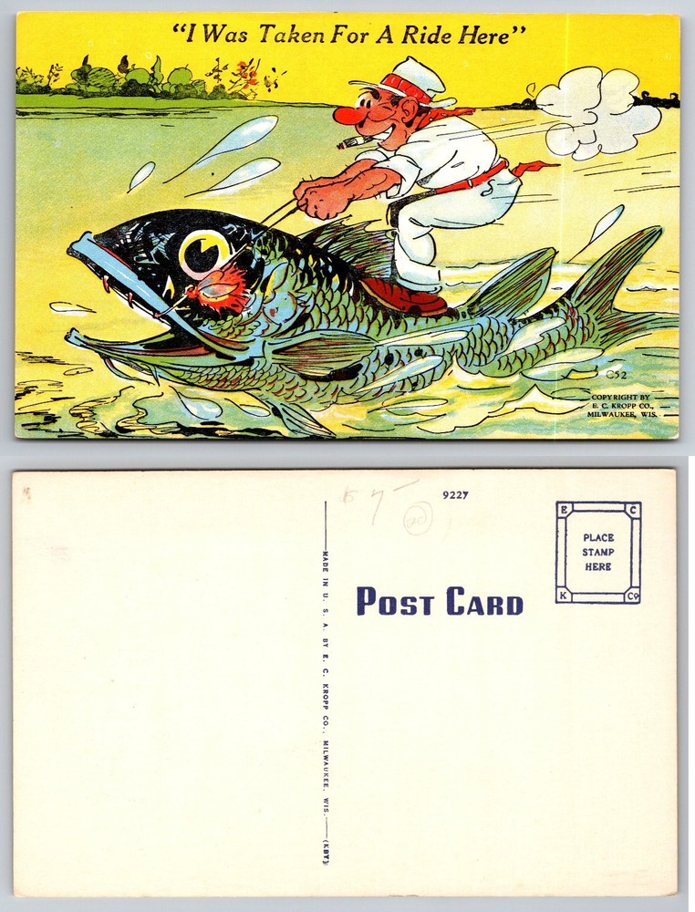 Vintage Comic Postcard Man Riding Giant Fish 