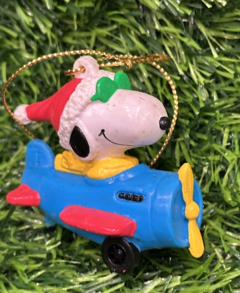 Vtg United feature Snoopy blue airplane plane ornament Xmas holiday tree PVC