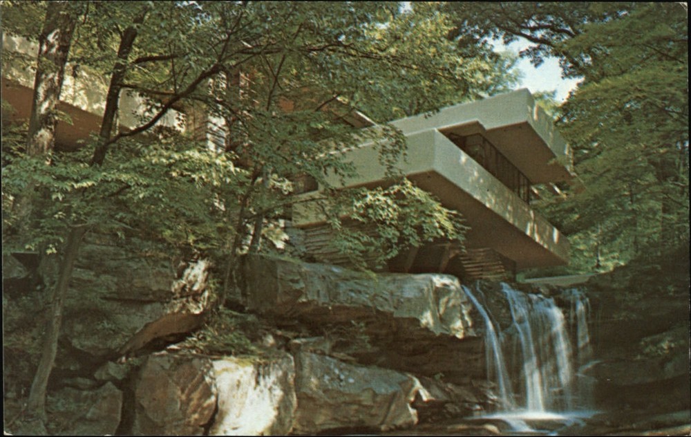 Mill Run Pennsylvania Fallingwater house Frank Lloyd Wright waterfall postcard