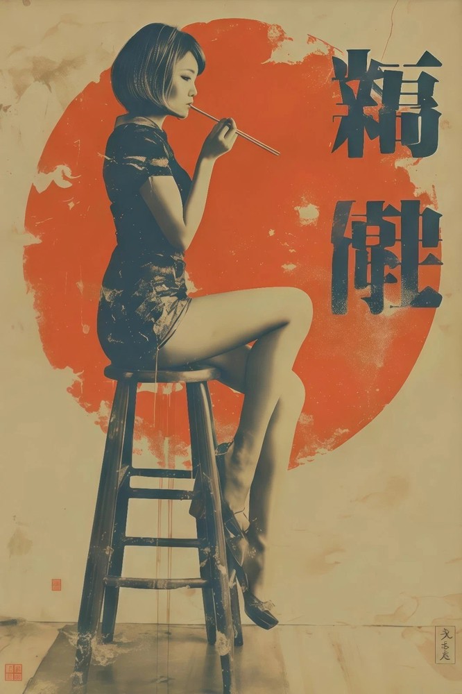 Japanese Geisha Smoking Retro Aesthetic Art Poster