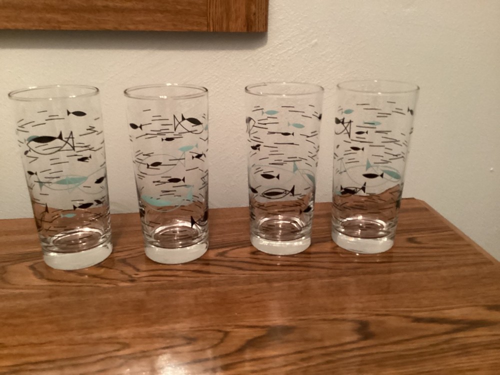 Vintage MCM Libbey Mediterranean Atomic Fish 6.25”  Glass Tumblers - Set of 4