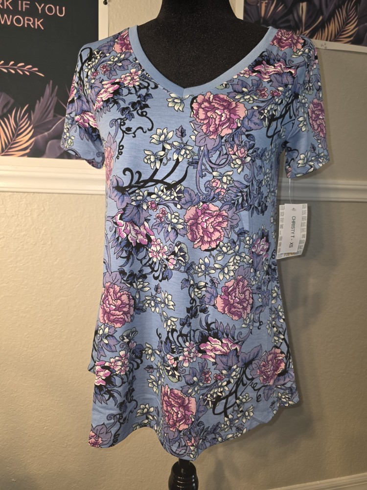 LuLaRoe Women's XS Blue Purple Floral V-Neck Short Sleeve Knit T-Shirt
