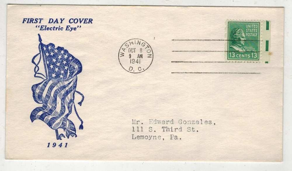 1941 PRESIDENTIAL SERIES IOOR ELECTRIC EYE FDC 818 MILLARD FILLMORE