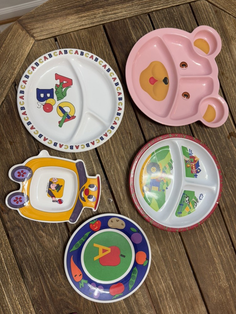 Lot Of 5 Vintage Children's Divided Dinner Plates, Parent ABC, Onieda Railroad
