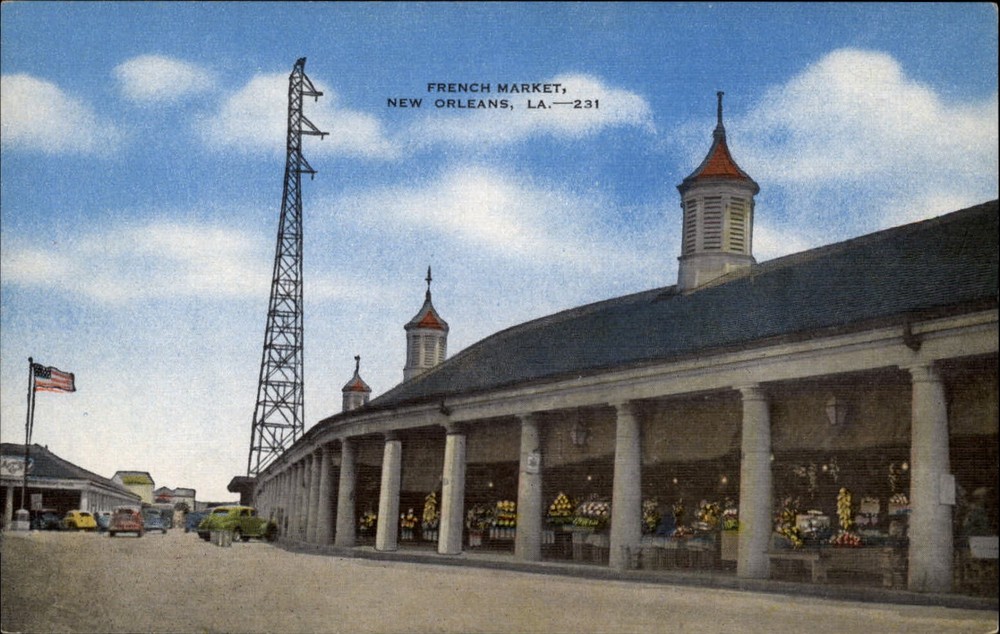 French Market New Orleans Louisiana flag vintage cars ~ 1940s linen postcard
