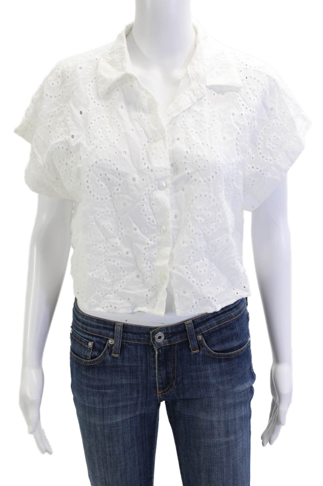 Hyfve Women Cropped White Cotton Collared Button Up Short Sleeve Blouse Size SFree Shipping in US $100+ Orders | $6.95 Orders Below