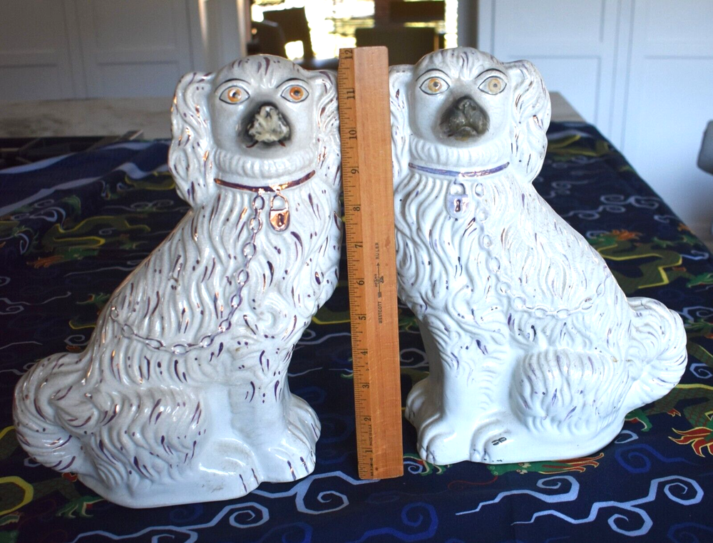 Antique Staffordshire Pair Of Large Authentic Spaniel Copper Lustre Purple Dogs