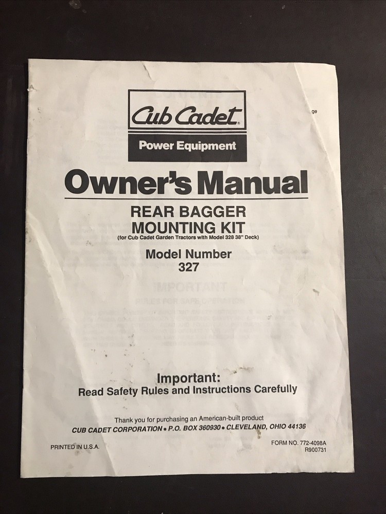 Cub Cadet Model 327 Rear Bagger Manual
