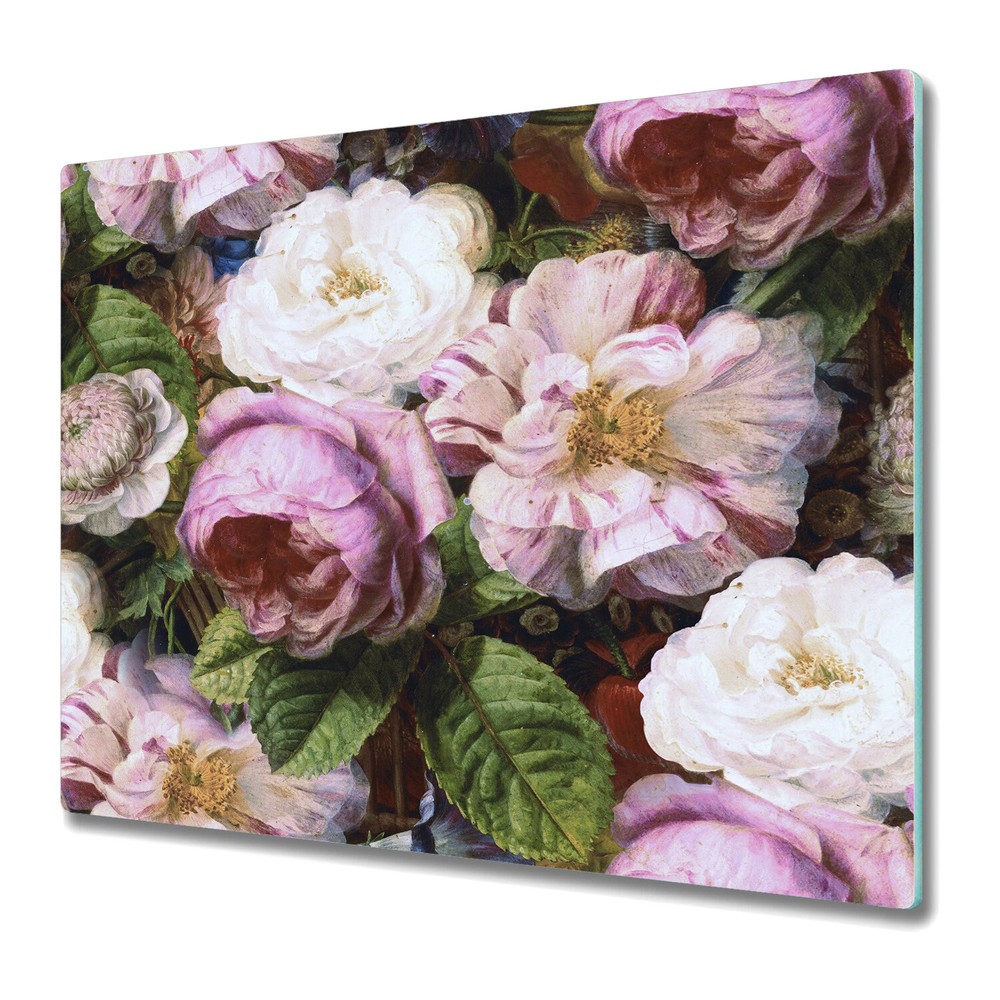 Glass Kitchen Chopping Board Worktop Saver Roses Garden Painting Art 60x52
