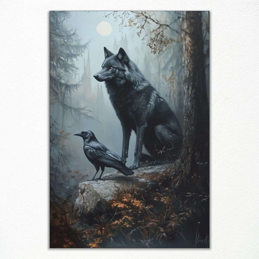 Wolf Wall Art, Raven Poster, Dark Forest Landscape Canvas Wall Art, The Crow ...