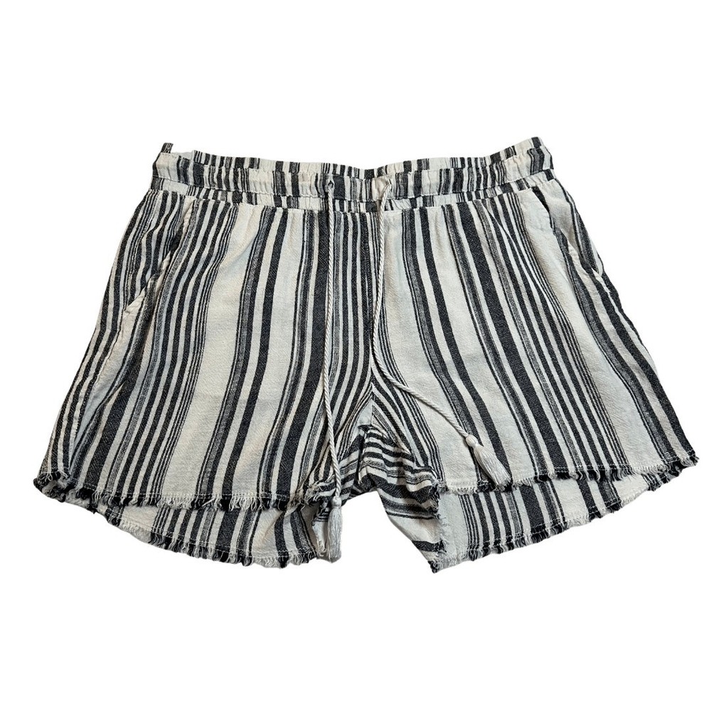 Time and Tru Navy Linen Blend Striped Elastic Waist Beach Shorts with Drawstring