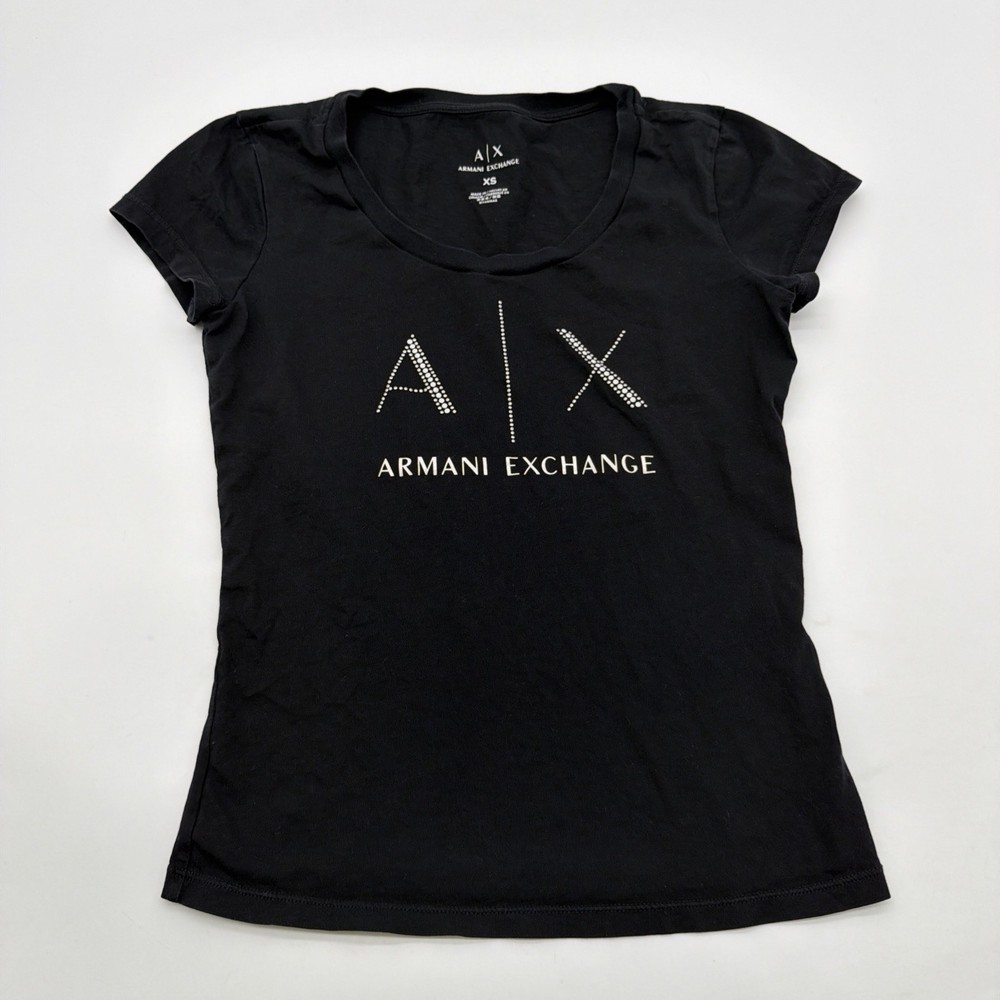 Armani Exchange Slim T-shirt Women XS Black Graphic Print Logo .#44831