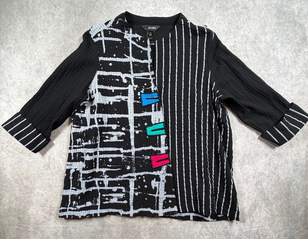 Ali Miles Womens Petite Large Abstract Print Mixed Media Long Sleeve Top