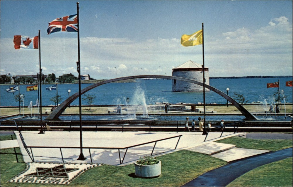 Confederation Park Fountain Kingston Ontario Canada flags ~ vintage postcard