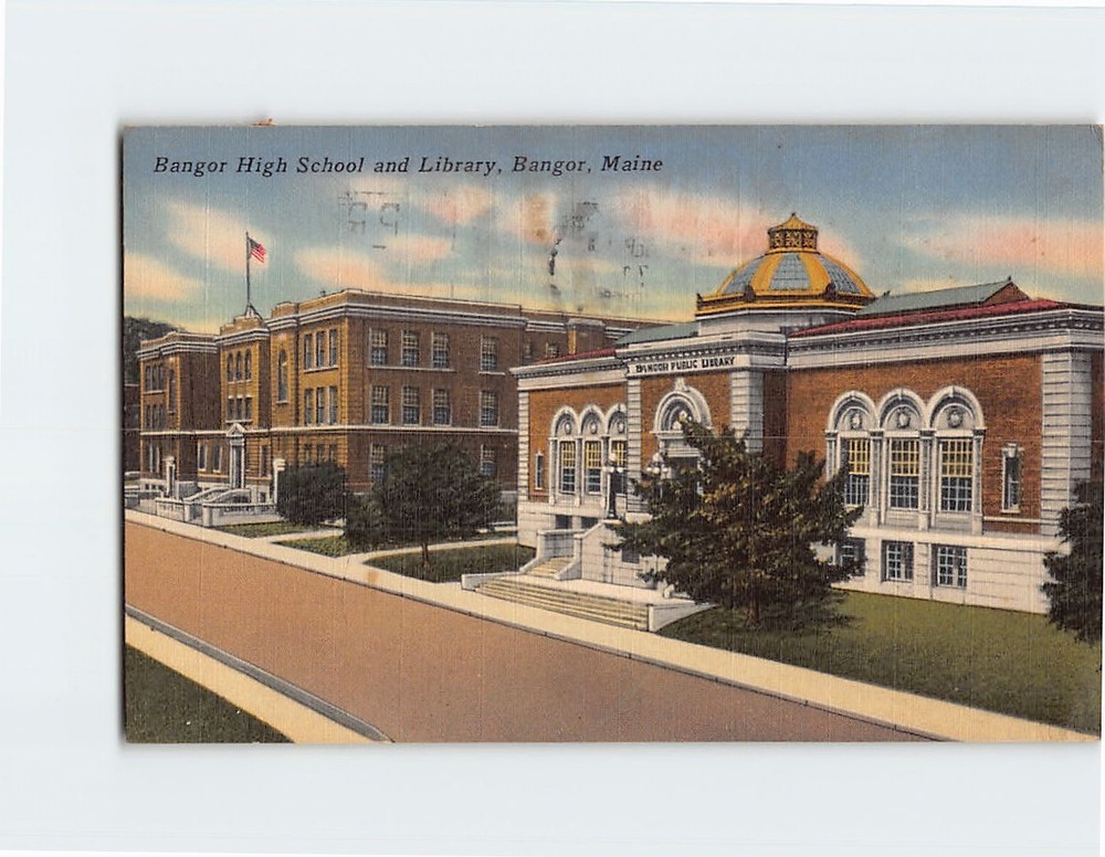 Postcard Bangor High School & Library Bangor Maine USA