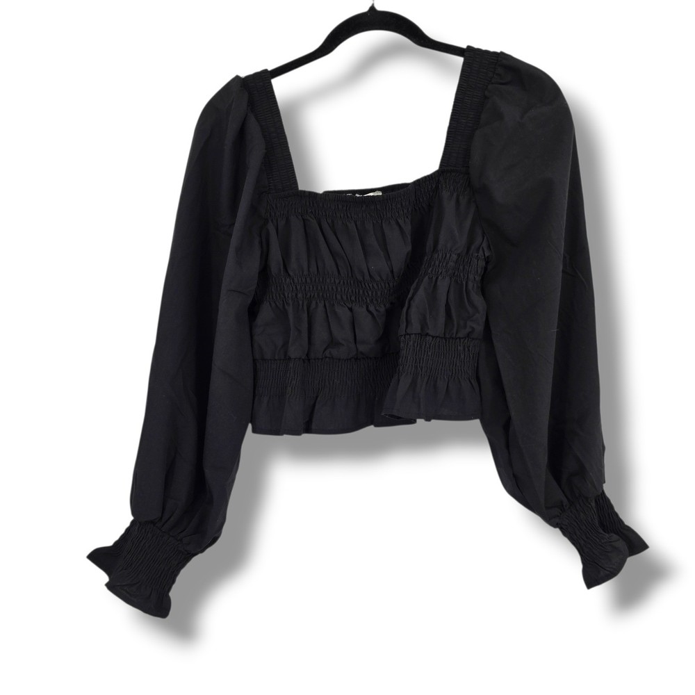 Miss Selfie Black Smocked Puff Sleeve Crop Top XL Square Neck Boho Cotton Blend