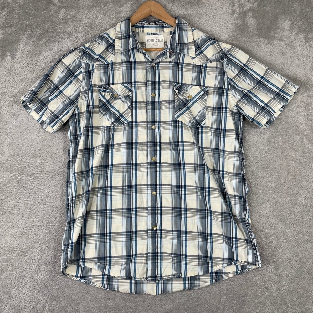Aeropostale Western Shirt Mens Large Plaid Pearl Snap Short Sleeve Y2K Cowboy