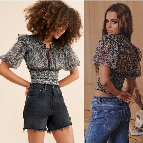 FREE PEOPLE Beatrice Mesh Cropped Mixed Floral Lace Up Blouse Black Gray Size S