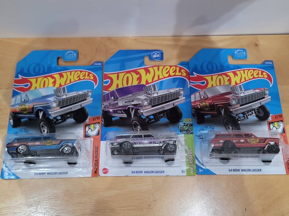 Hot Wheels '64 Nova Wagon Gasser Lot Of 3 2020 Red Walgreens Blue Walmart Zamac