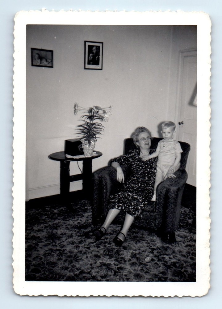 Old Vintage Photo WOMAN AND BOY SITTING IN CHAIR BY ANTIQUE RADIO SNAPSHOT