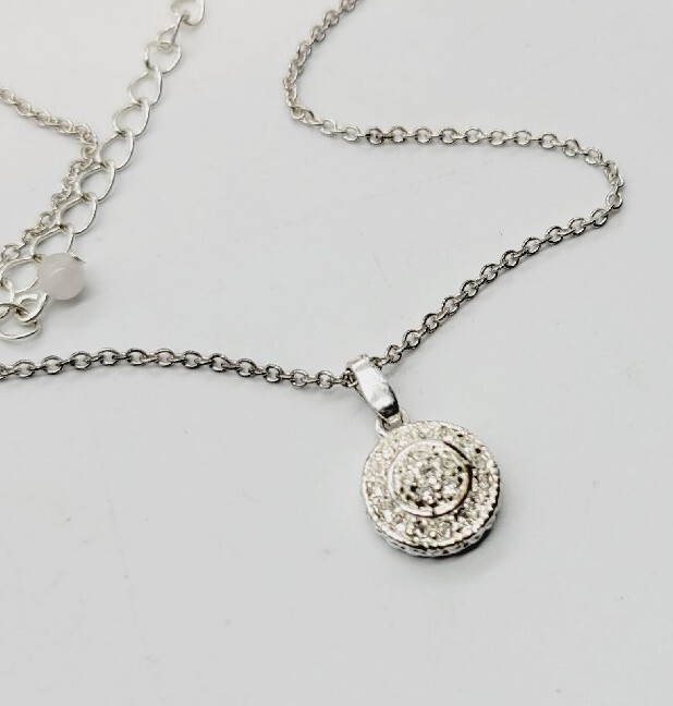 Avon Pendant Necklace Vintage DISK Pendant Crystal Accent Silver tone 20 in