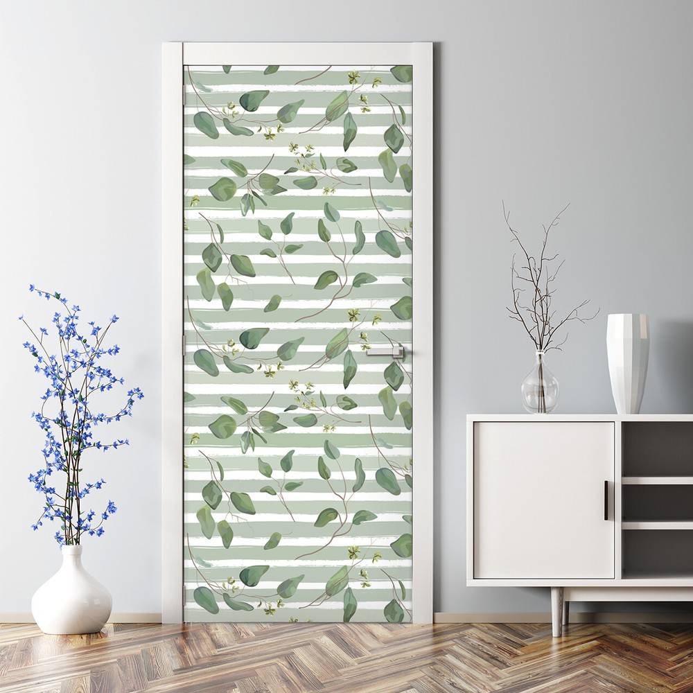 Mint Leaf Stripes Bubble Free Door sticker Floral Decal Leaves self adhesive
