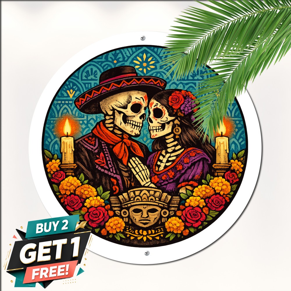 Day Of The Dead Lovers Round Aluminum Sign Mexican Folk Art Decor 8x8