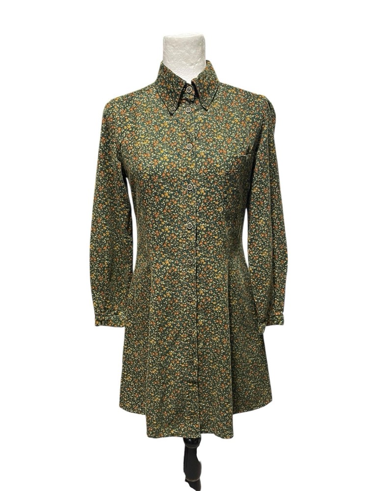 Vintage Laura Ashley Green Corduroy Dress Floral Made In England Size US 6