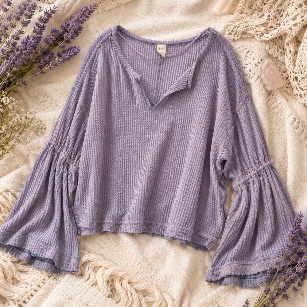 We The Free XS Lavender Waffle Knit Bell Sleeve Thermal Boho Top