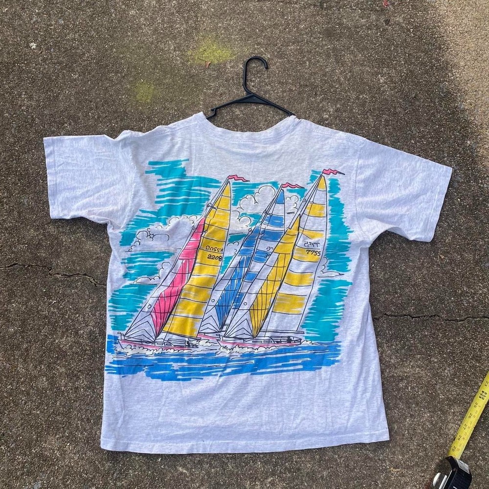 Size XXL shrunk vintage aop graphic boating t shirt. single stitch all around