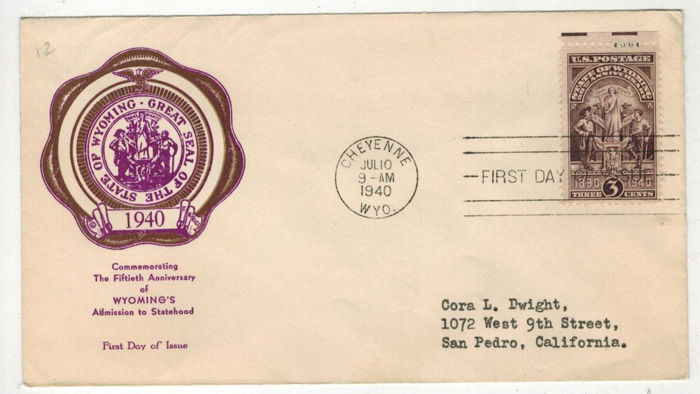 1940 FDC WYOMING STATEHOOD 897 RICE CACHET CHEYENNE WY