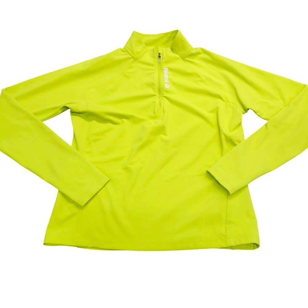 Reebok Womens Neon Lime Green Quarter Zip Performance Pullover Thumbholes Size L