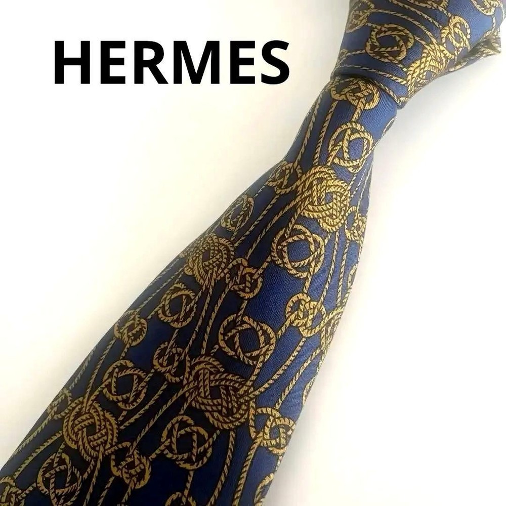 HERMES Necktie Tie Navy All over rope pattern 100% Silk Made in France
