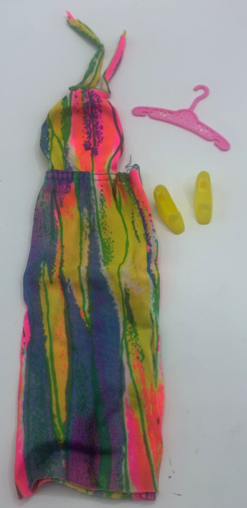 Vintage Barbie Best Buy Fashion Outfit Tie-Dye Rainbow Halter Dress Shoes #1359