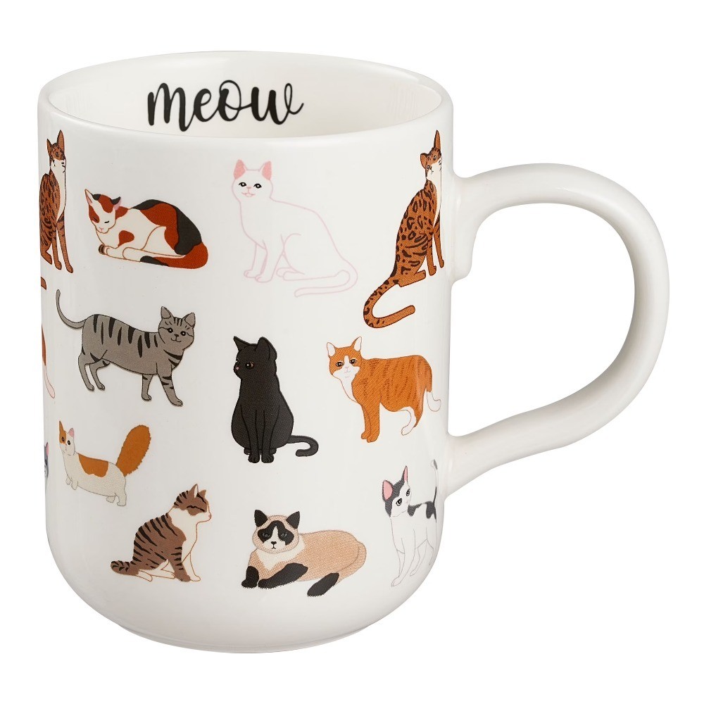 White Stoneware Cat Mug with Saucer 16 oz Ceramic Coffee Tea Cup