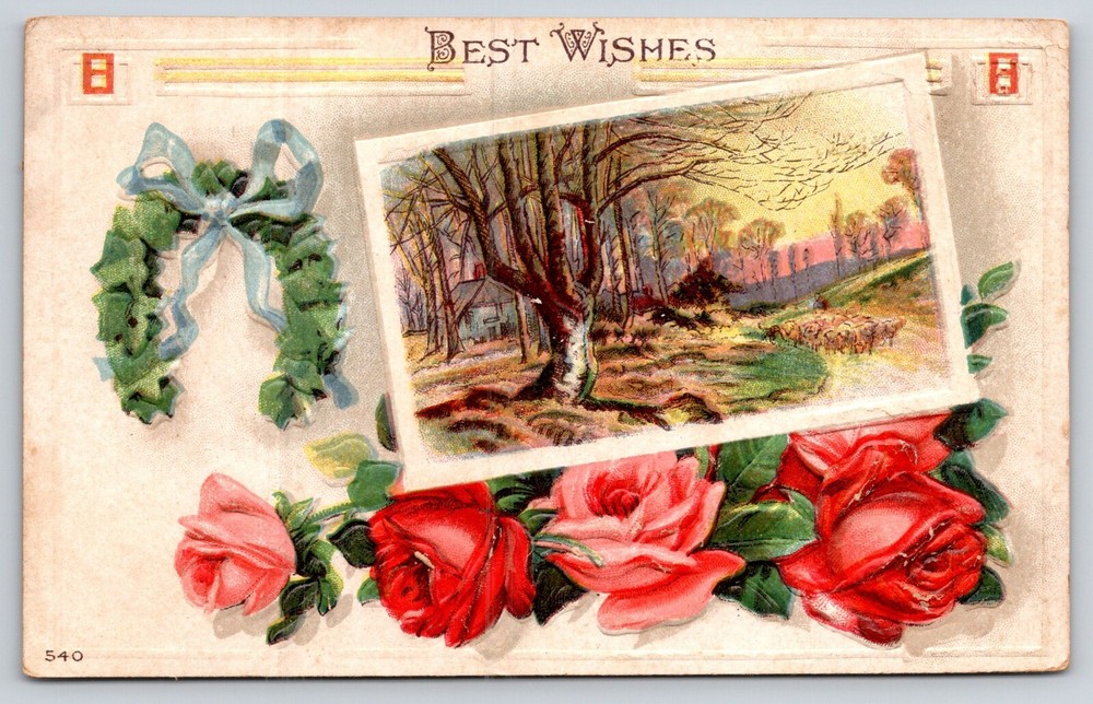 Greetings~Pink & Red Roses Arch Road & Best Wishes~Vintage Postcard