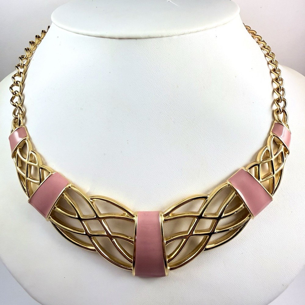 Vintage MONET Pink Enameled Statement Collar Necklace Gold Tone 20