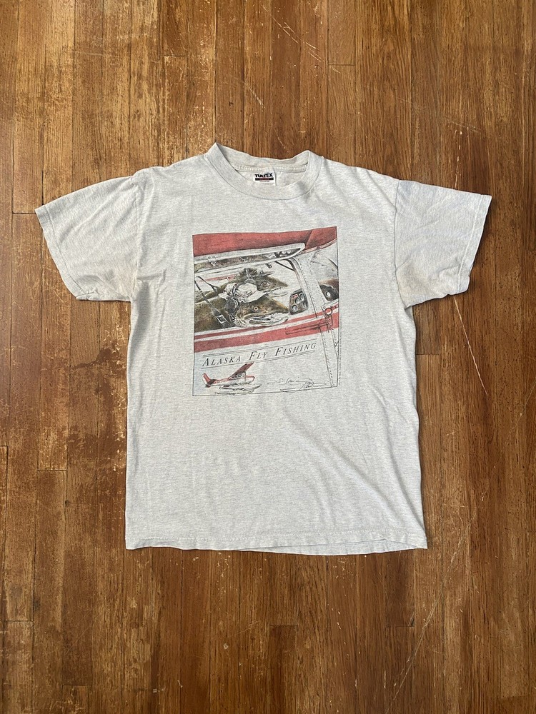 Vintage 90s Alaskan Fly Fishing Graphic Gray T-Shirt Adult Large